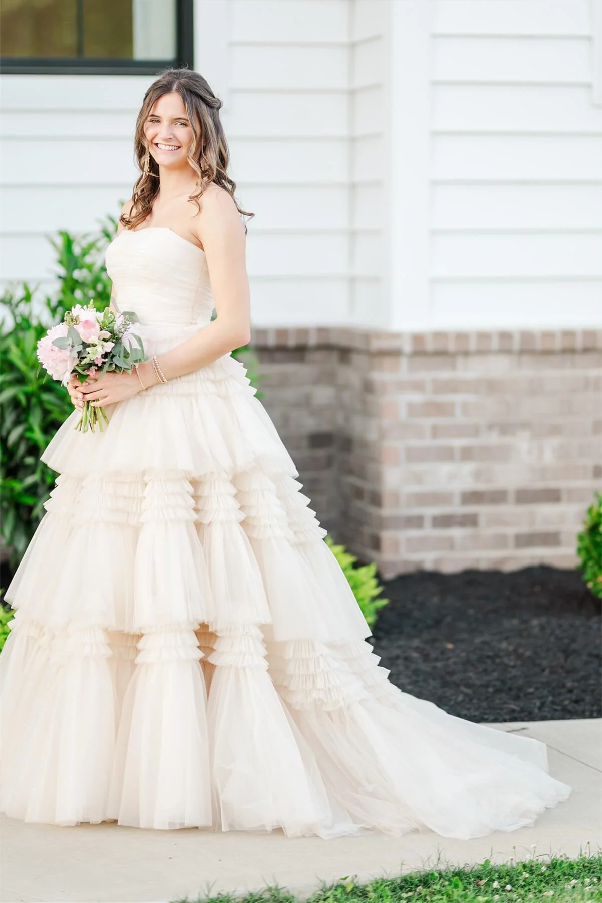 Strapless Periwinkle Tulle Tiered Formal Dress - Image 8