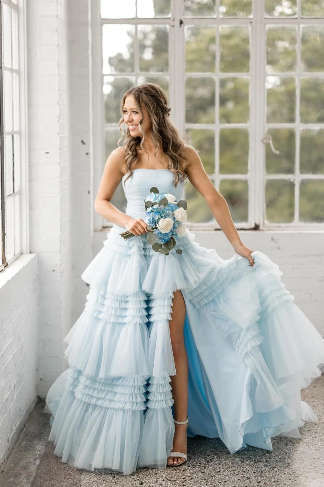 Strapless Periwinkle Tulle Tiered Formal Dress - Image 9