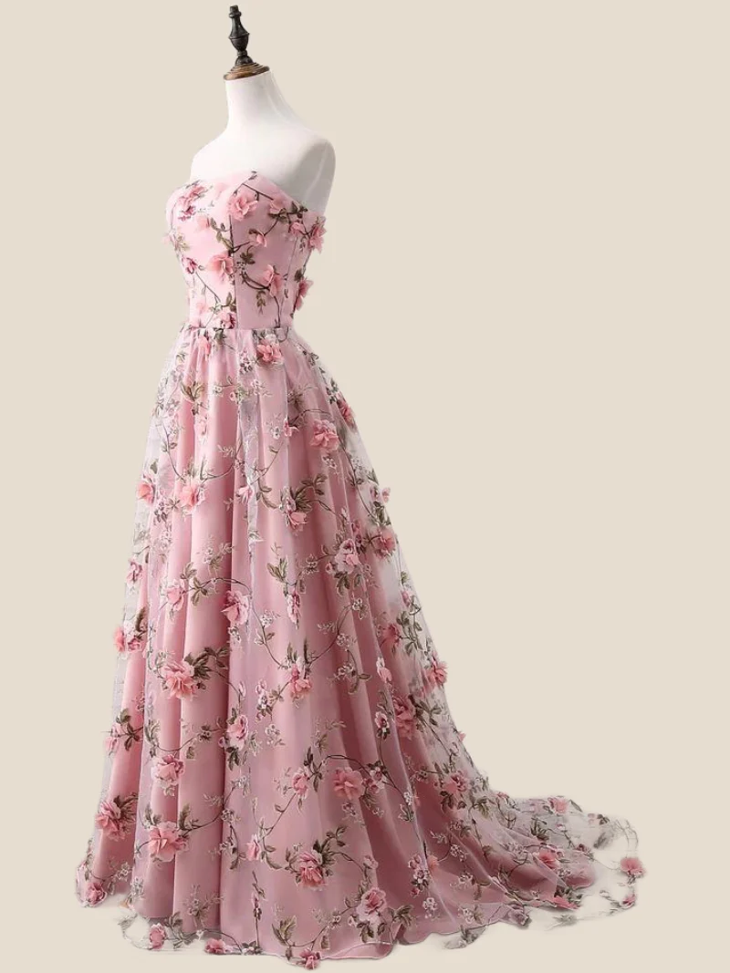 Strapless Pink 3D Floral A-line Long Formal Dress - Image 3