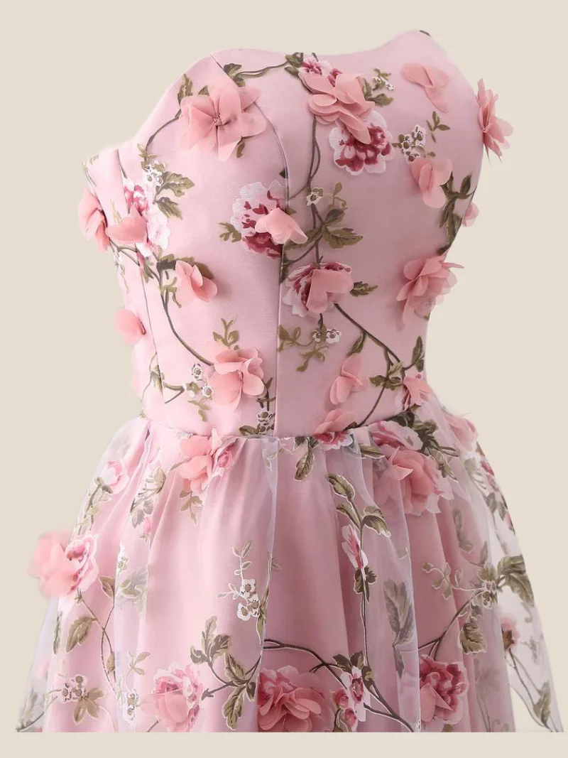 Strapless Pink 3D Floral A-line Long Formal Dress - Image 4