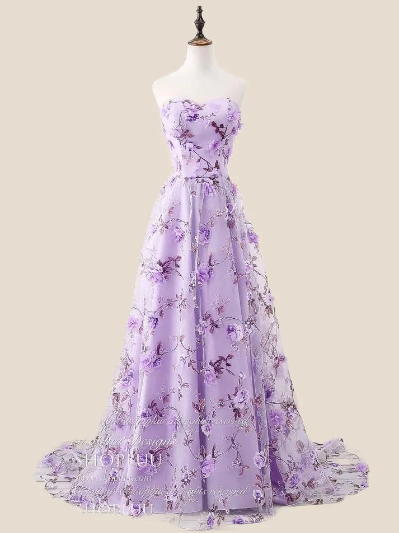 Strapless Pink 3D Floral A-line Long Formal Dress - Image 5