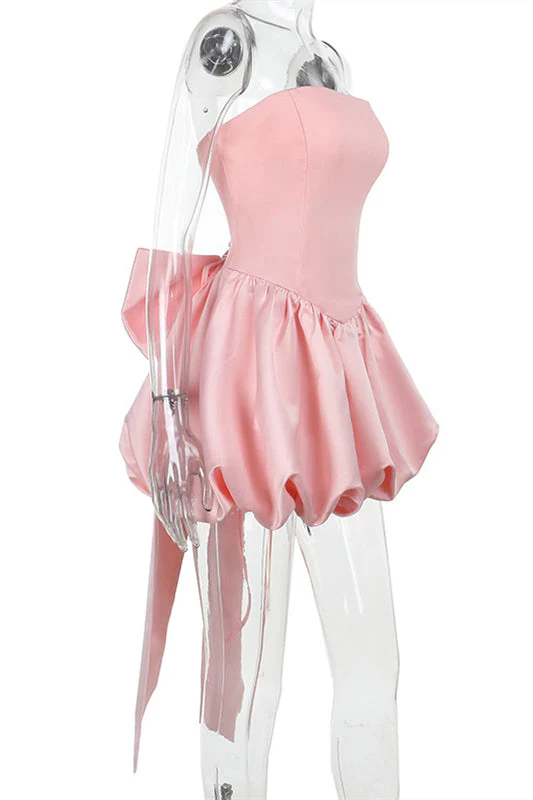 Strapless Pink A-line Bubble Dress with Bow - Image 3