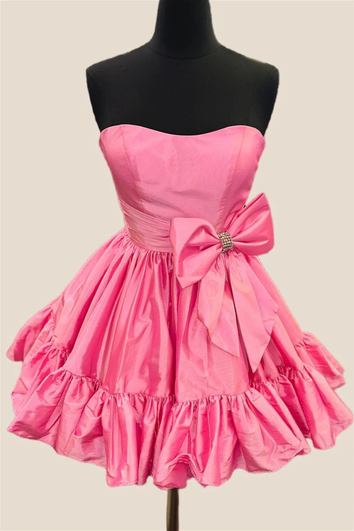 Strapless Pink Bow Ruffle Taffeta Short Dress - Image 2