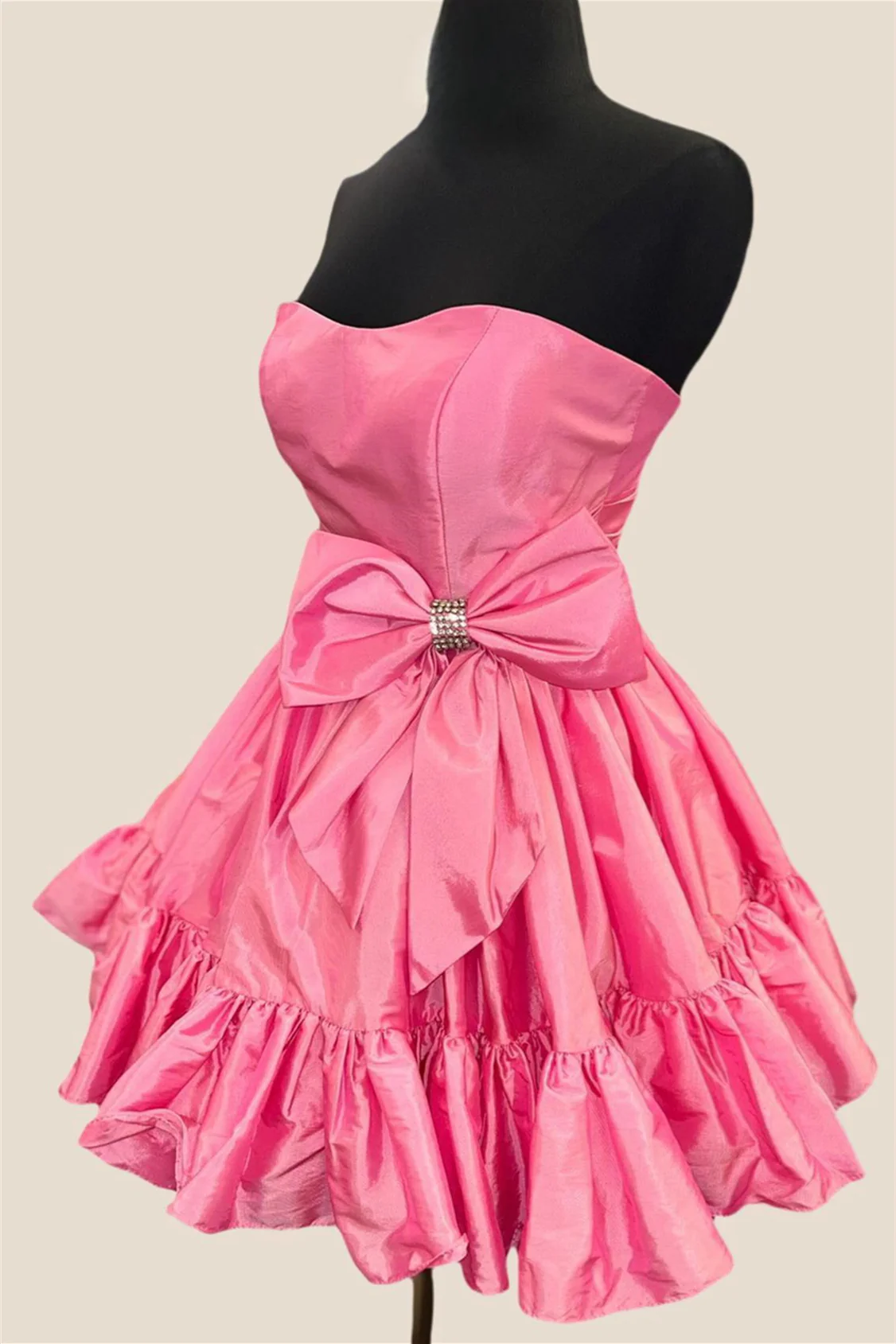 Strapless Pink Bow Ruffle Taffeta Short Dress - Image 3