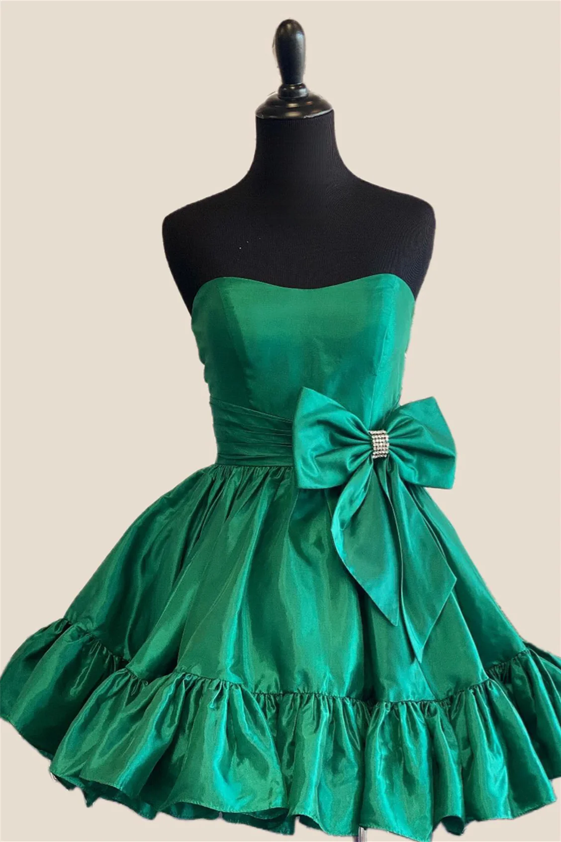 Strapless Pink Bow Ruffle Taffeta Short Dress - Image 4