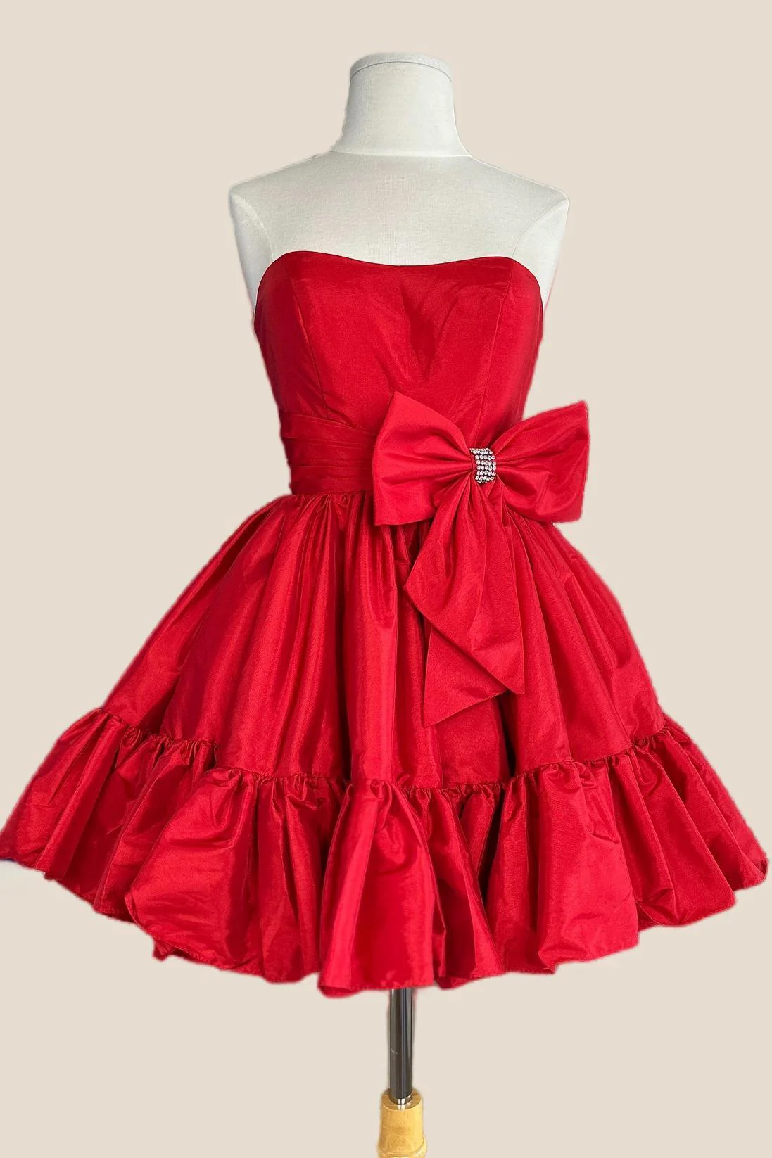 Strapless Pink Bow Ruffle Taffeta Short Dress - Image 5