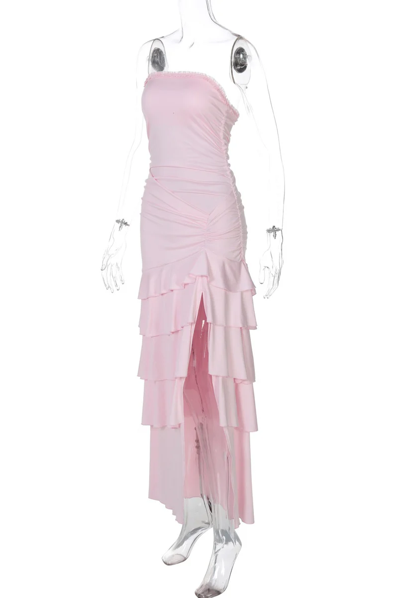 Strapless Pink Fitted Ruffle Dress - Image 4