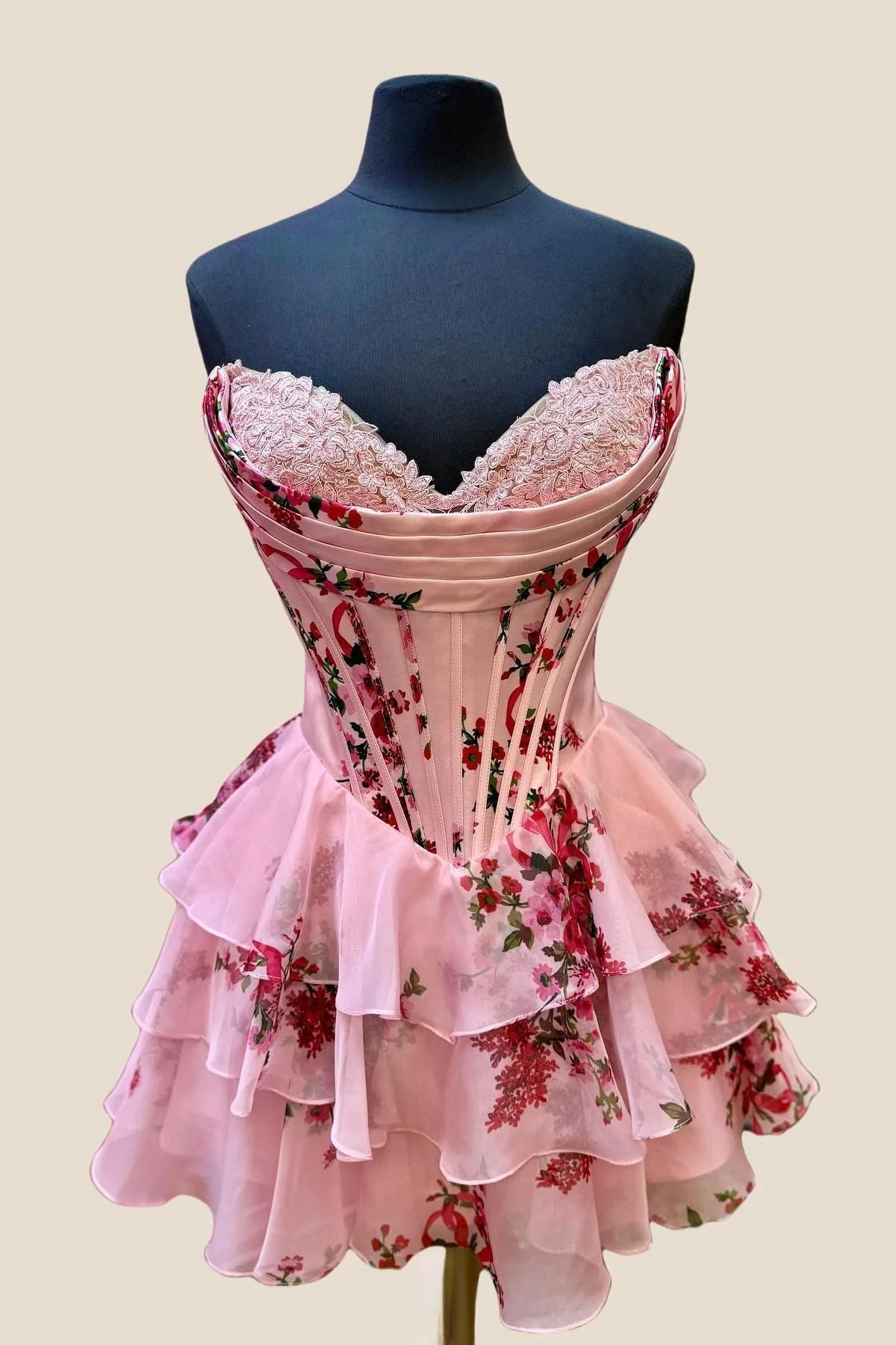 Strapless Blue Floral Corset A-line Short Ruffle Dress - Image 2