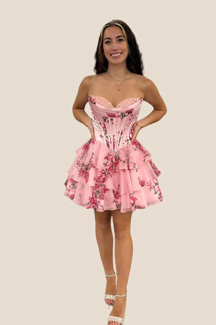 Strapless Blue Floral Corset A-line Short Ruffle Dress - Image 5