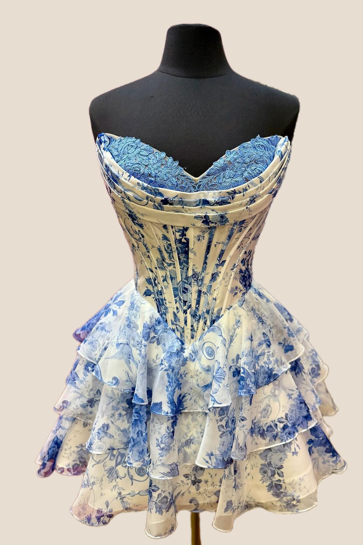 Strapless Blue Floral Corset A-line Short Ruffle Dress - Image 3