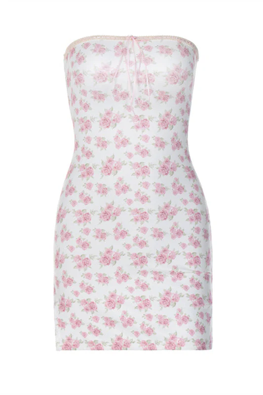 Strapless Pink Floral Print Bodycon Short Dress