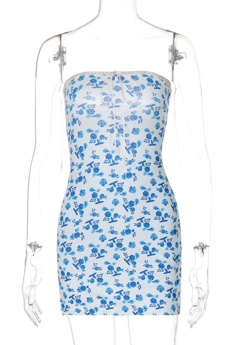Strapless Pink Floral Print Bodycon Short Dress - Image 11