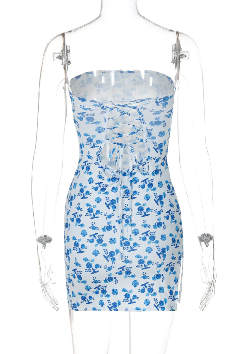 Strapless Pink Floral Print Bodycon Short Dress - Image 12