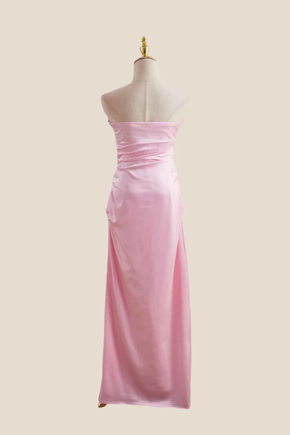 Strapless Pink Ruched Satin Long Dress - Image 3