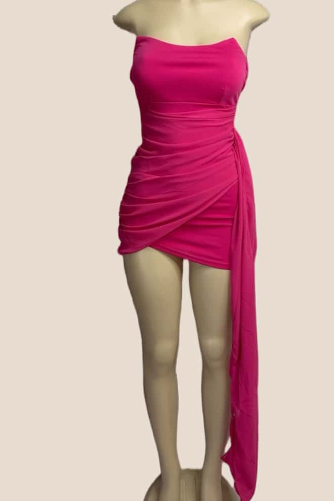 Strapless Pink Ruched Tight Short Dress - Image 5