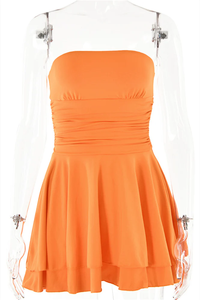 Strapless Orange Ruffle Ruched Short Dress - Image 12