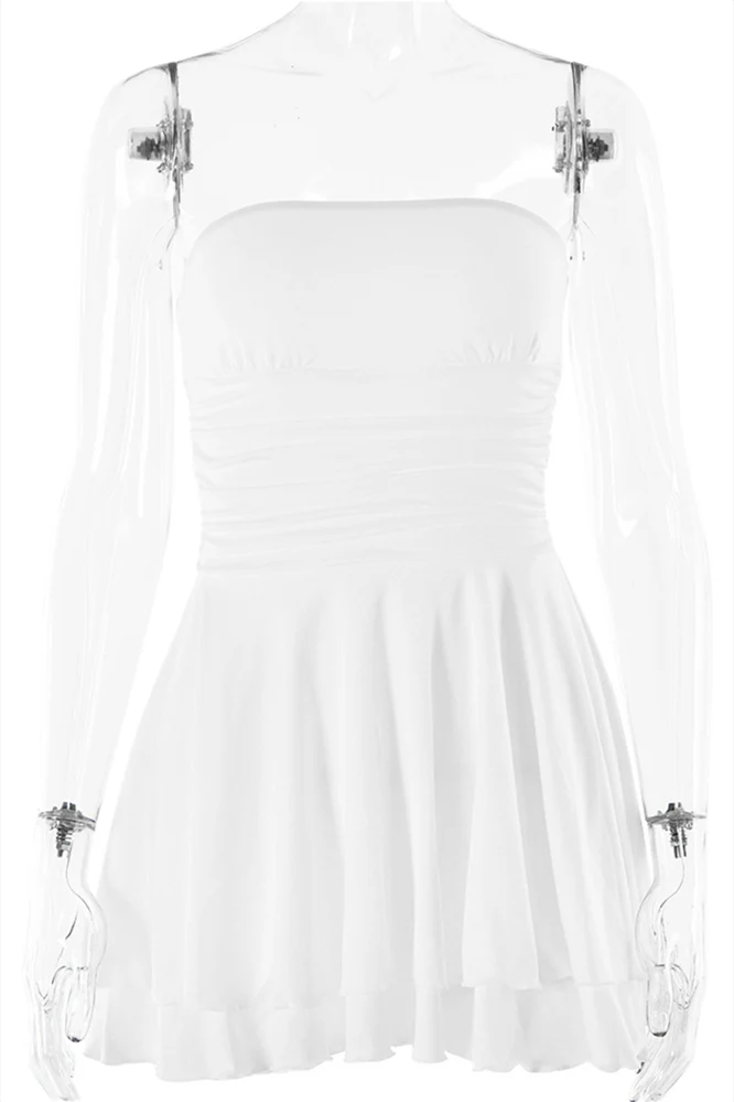Strapless Orange Ruffle Ruched Short Dress - Image 9