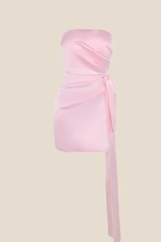 Strapless Pink Satin Tight Mini Dress with Train - Image 2