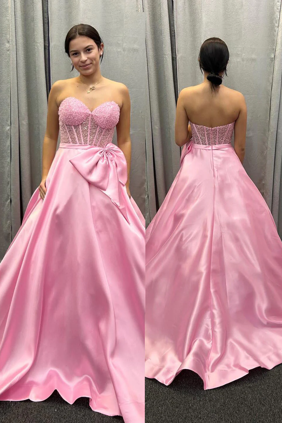 Strapless Purple Beaded Long Dress with Bow - Image 4