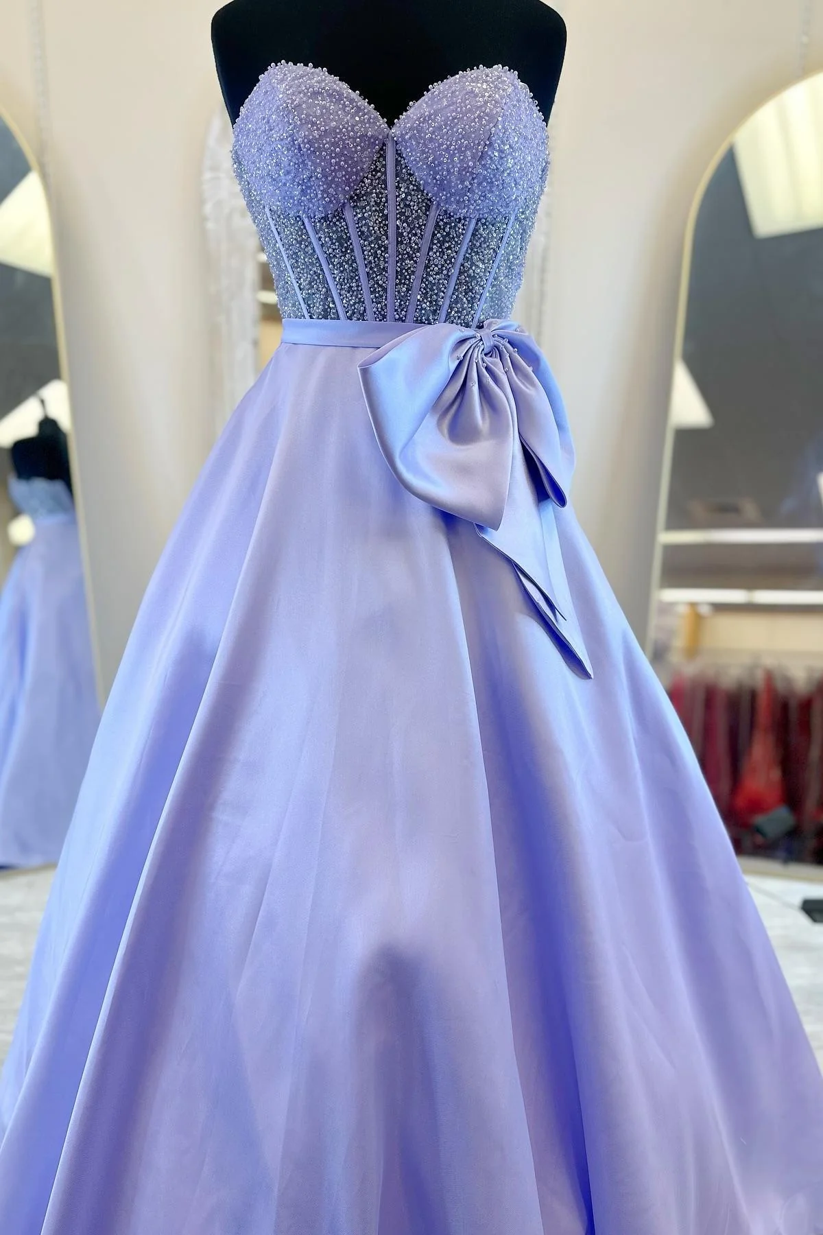 Strapless Purple Beaded Long Dress with Bow - Image 8