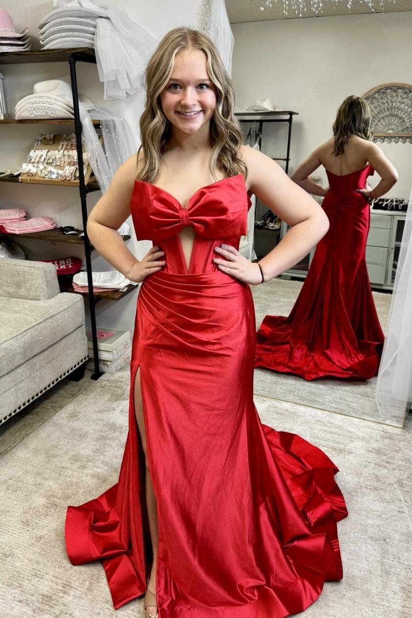 Strapless Red Bow Front Mermaid Long Dress - Image 2