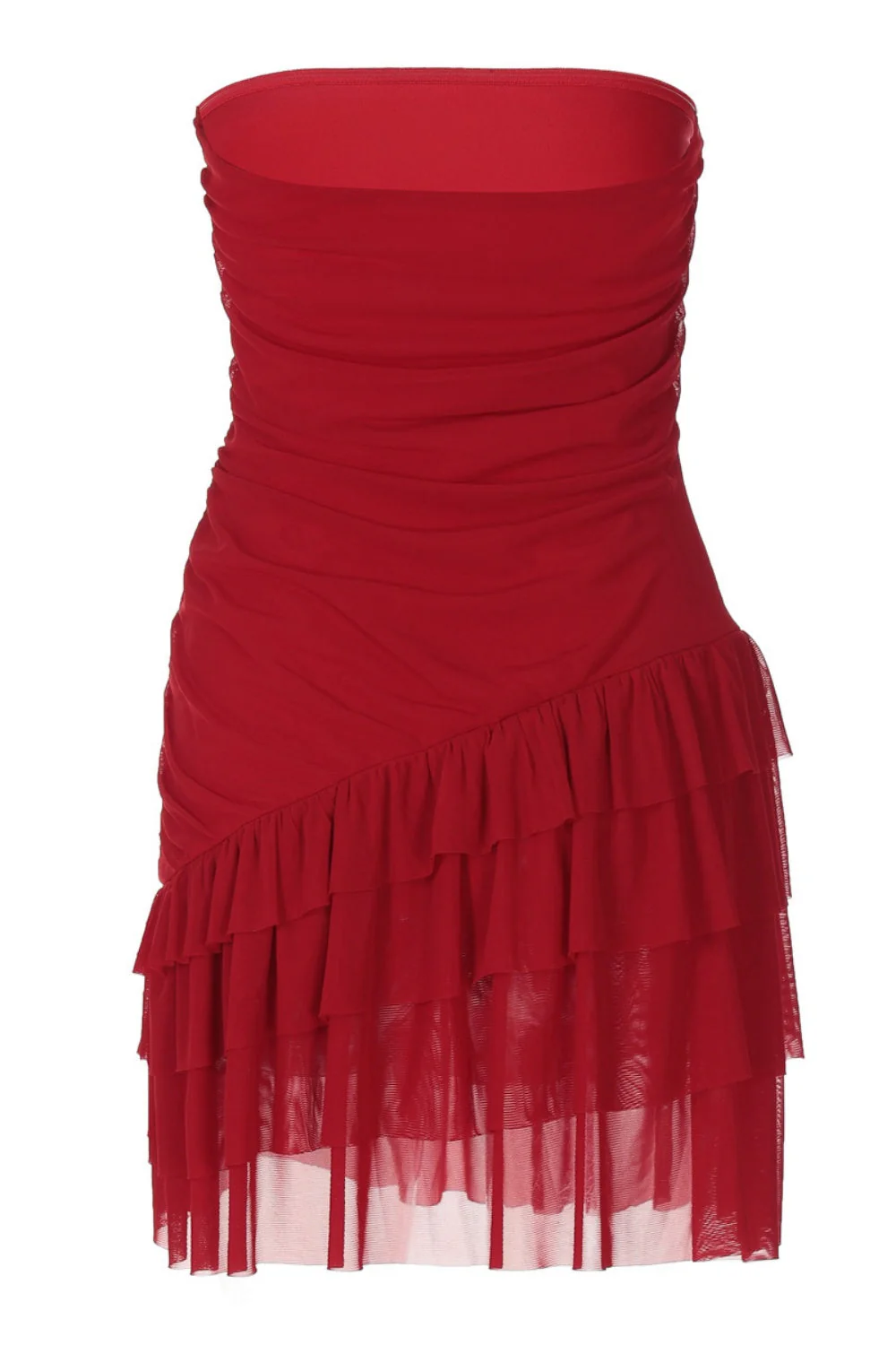 Strapless Red Fitted Ruffle Short Dress - Image 2