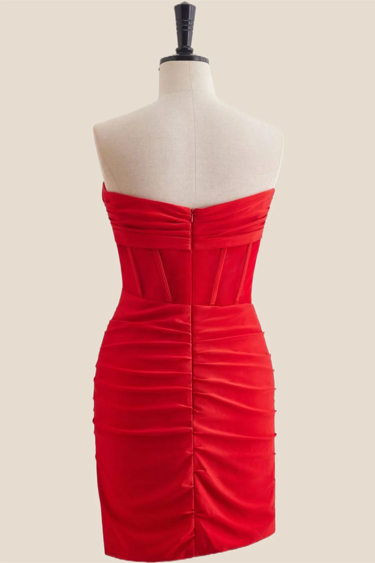 Strapless Red Ruched Bodycon Short Dress - Image 2