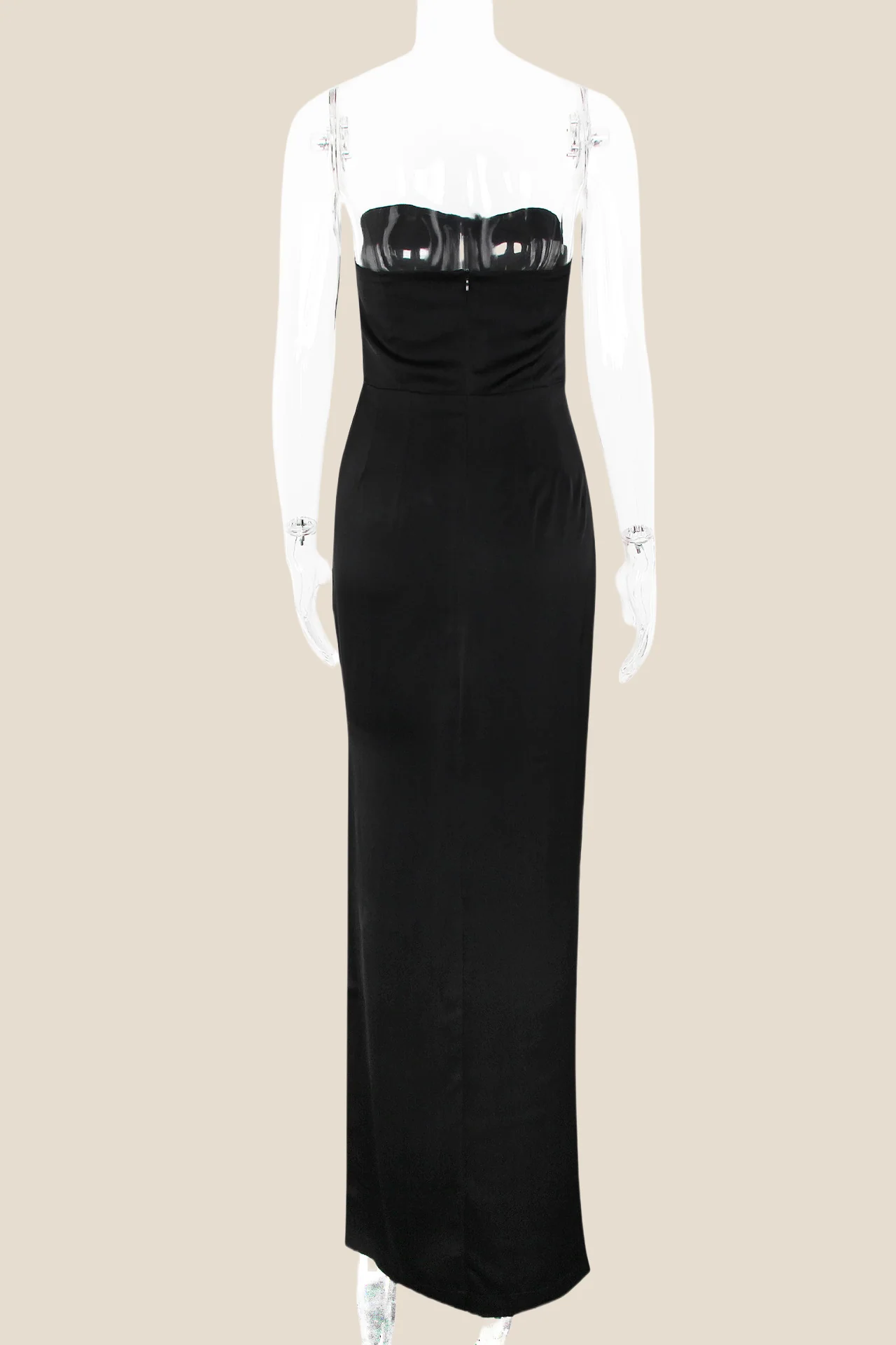 Strapless Black Ruched Long Dress with Slit - Image 2