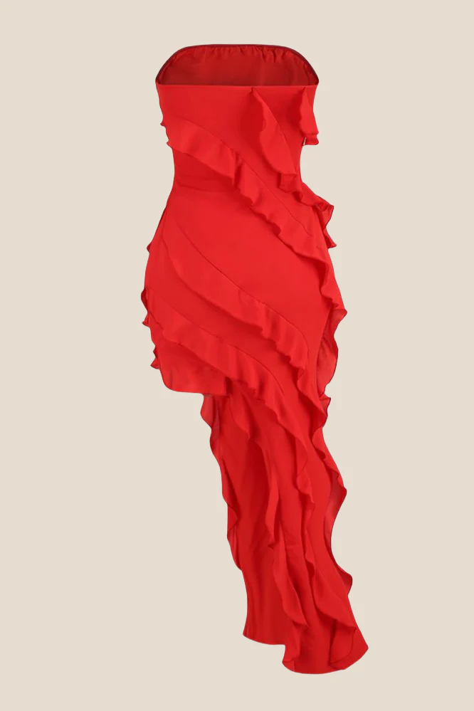 Strapless Red Ruffle Irregular Dress with Slit - Image 2