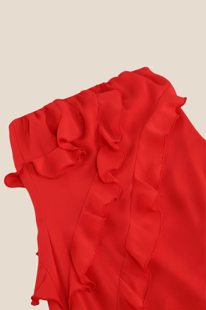 Strapless Red Ruffle Irregular Dress with Slit - Image 3