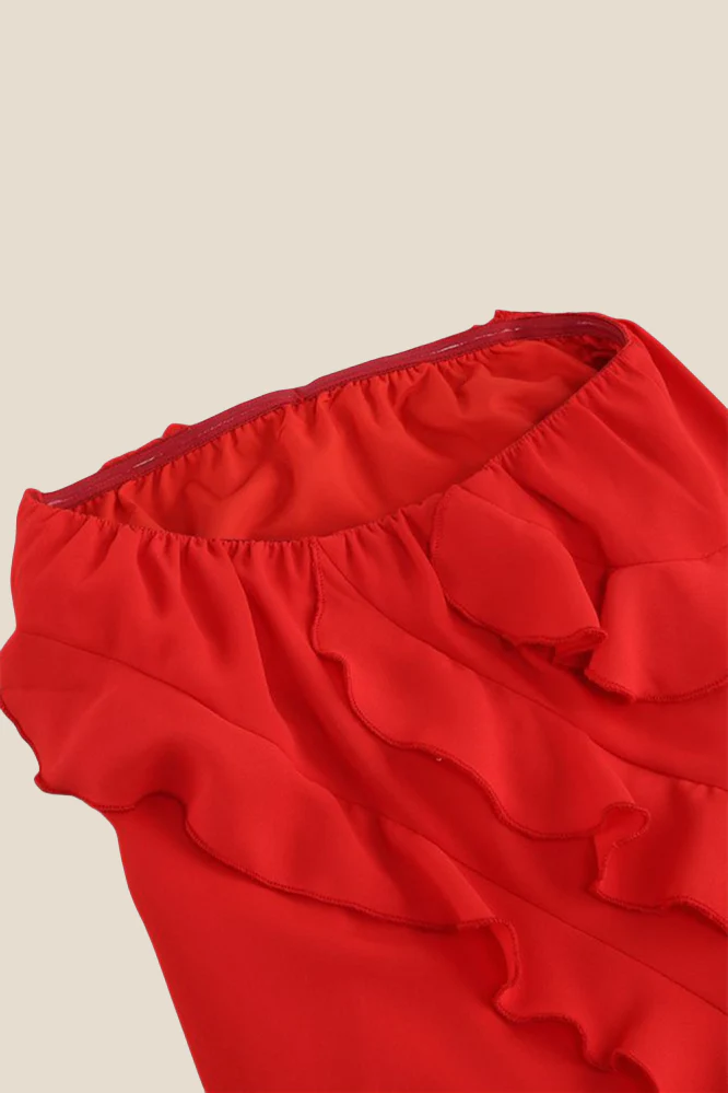 Strapless Red Ruffle Irregular Dress with Slit - Image 4