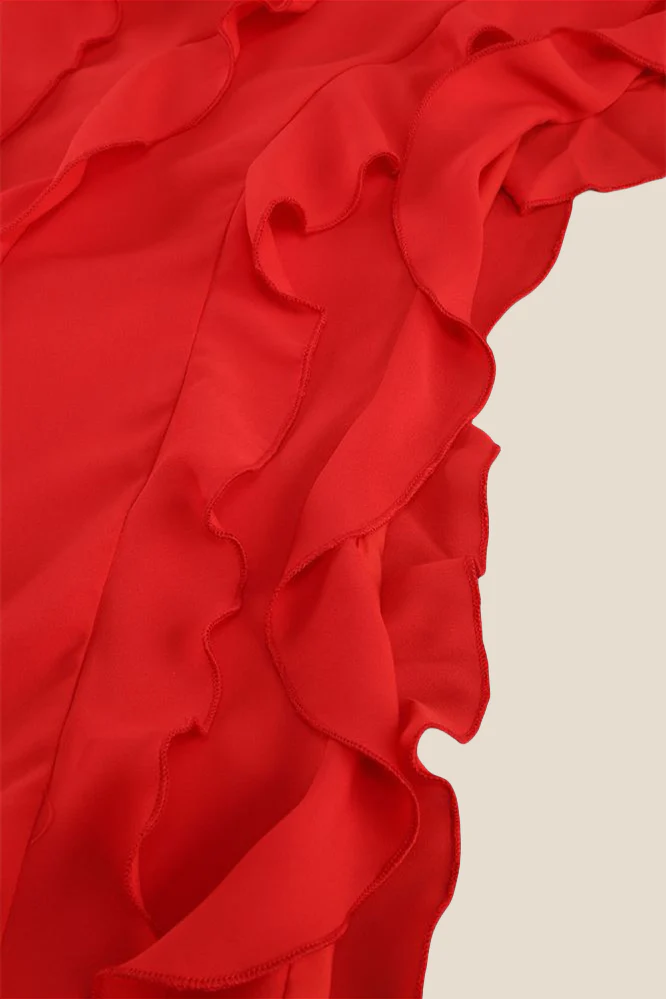 Strapless Red Ruffle Irregular Dress with Slit - Image 7