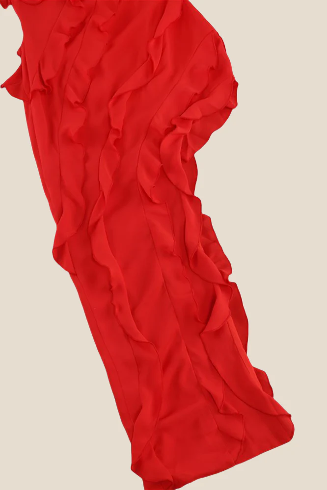 Strapless Red Ruffle Irregular Dress with Slit - Image 8