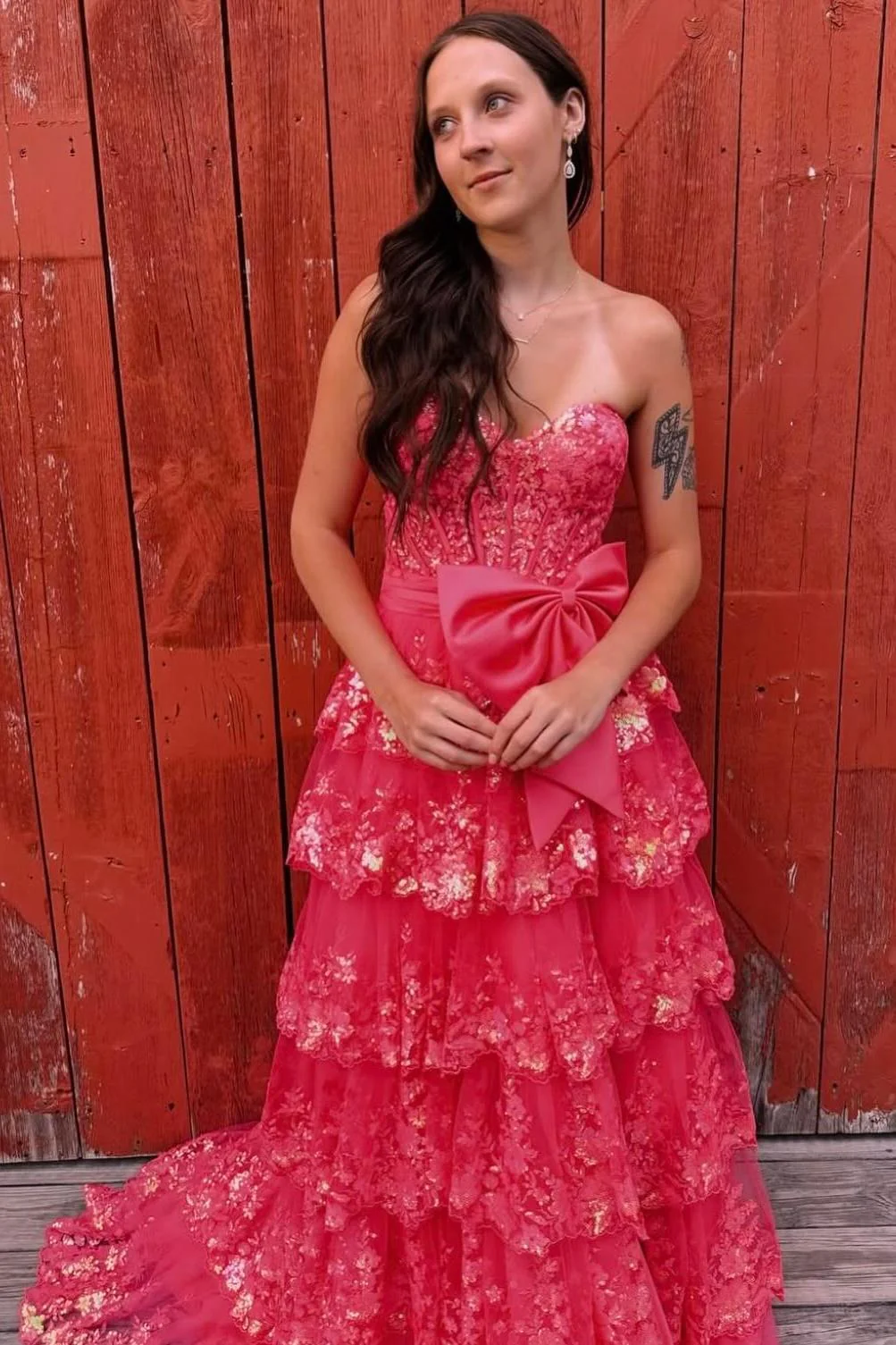 Strapless Red Sequin Tiered Long Dress with Slit - Image 4