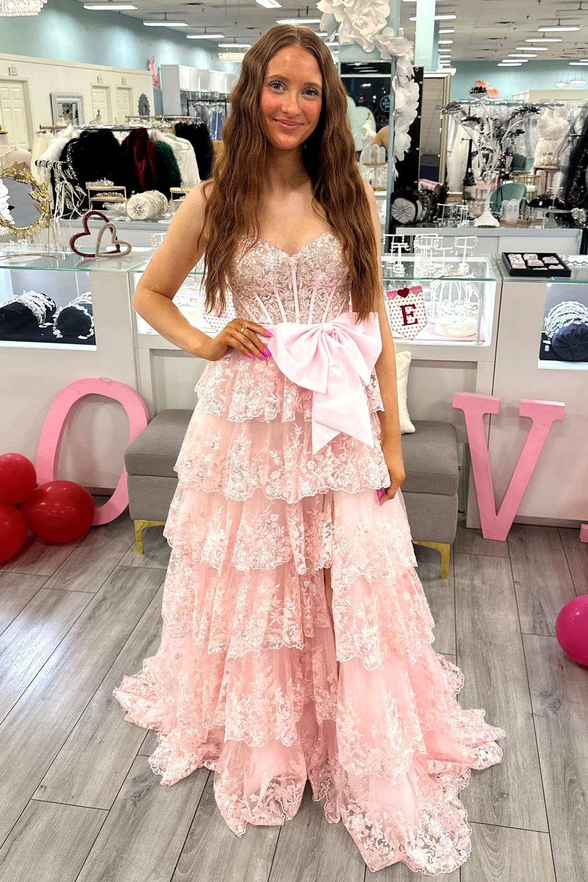 Strapless Red Sequin Tiered Long Dress with Slit - Image 5
