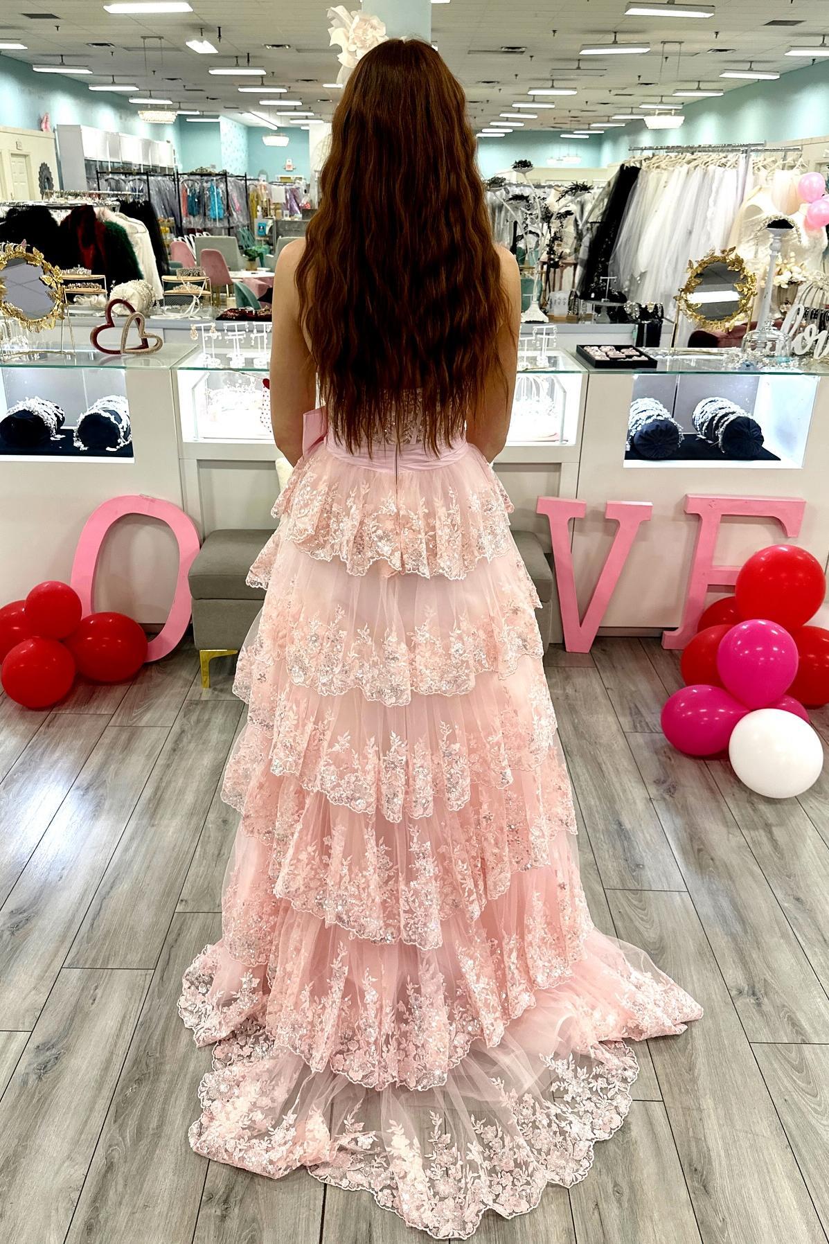 Strapless Red Sequin Tiered Long Dress with Slit - Image 6