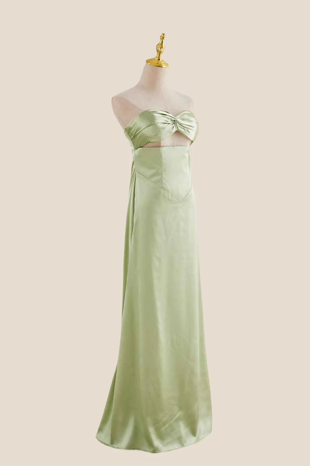 Strapless Sage Green Twist Satin Long Dress - Image 3
