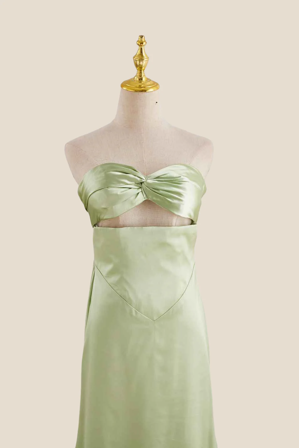 Strapless Sage Green Twist Satin Long Dress - Image 4