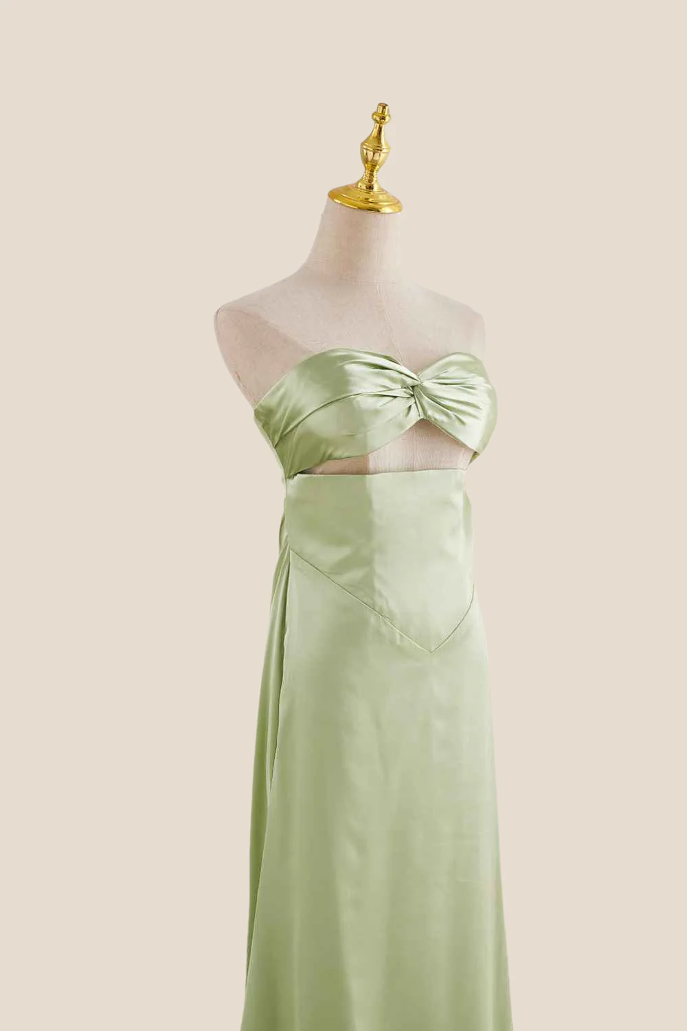 Strapless Sage Green Twist Satin Long Dress - Image 5