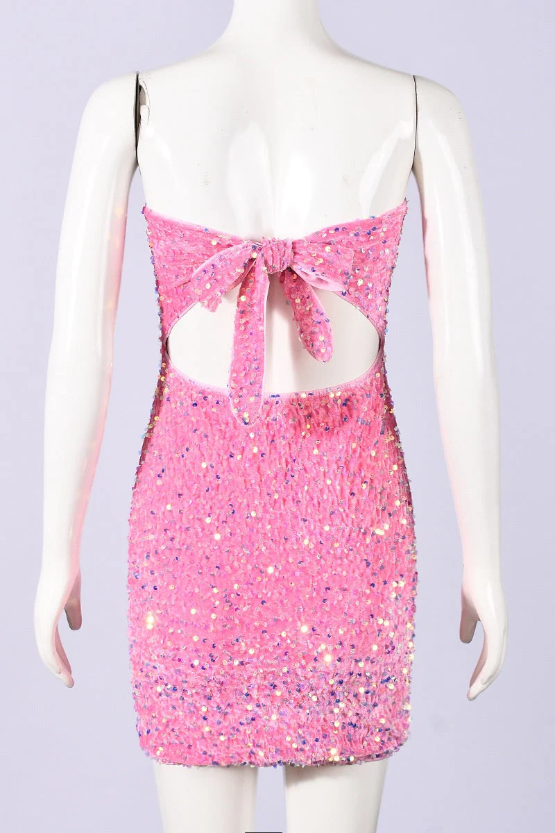 Strapless Pink Sequin Fitted Short Dress - Image 2