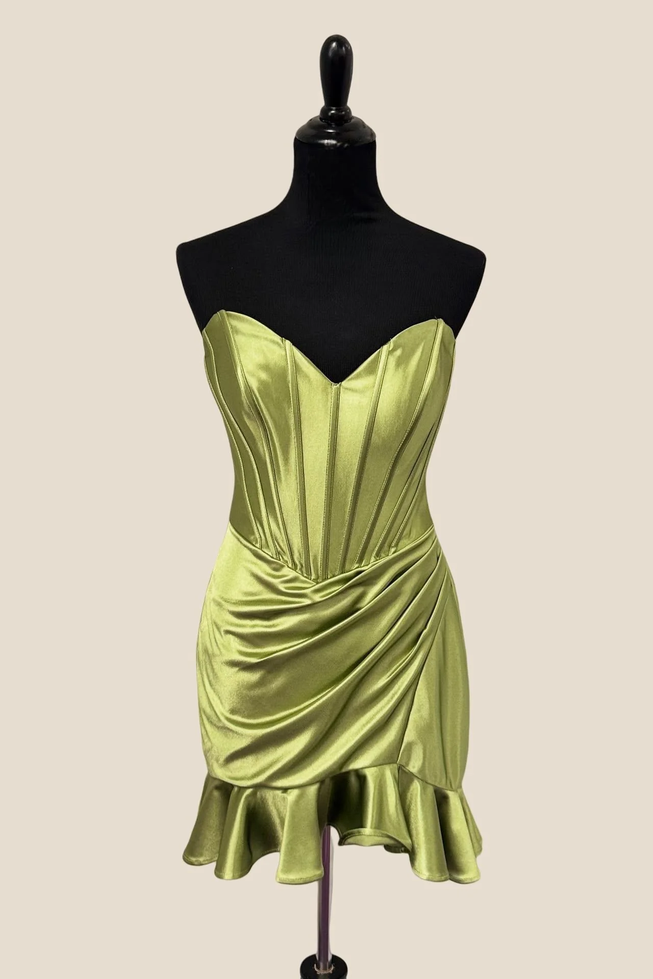 Strapless Short Green Ruched Ruffle Dress