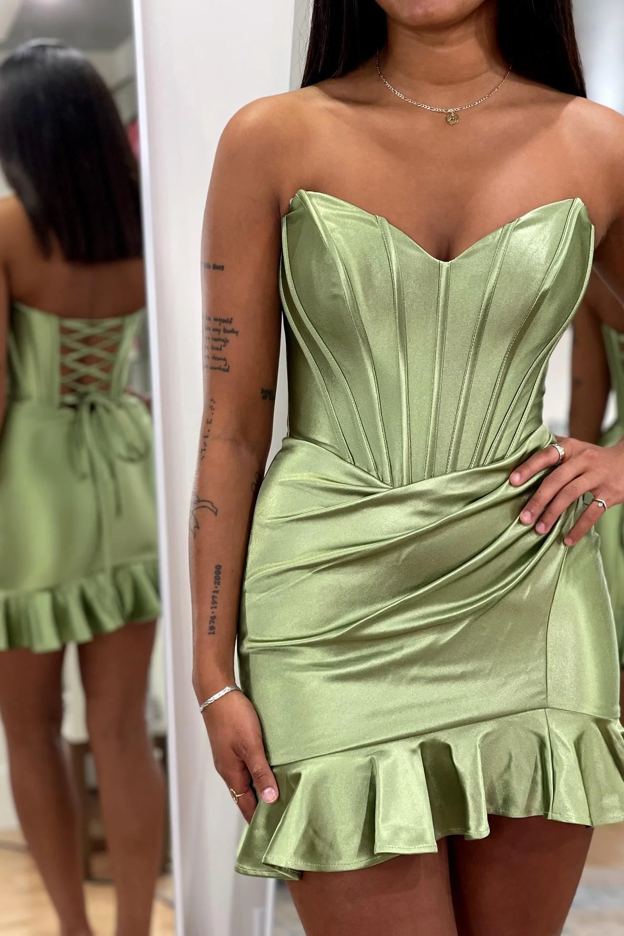 Strapless Short Green Ruched Ruffle Dress - Image 3
