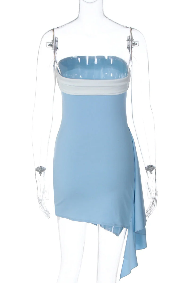 Blue Strapless Ruched Tight Mini Dress - Image 2