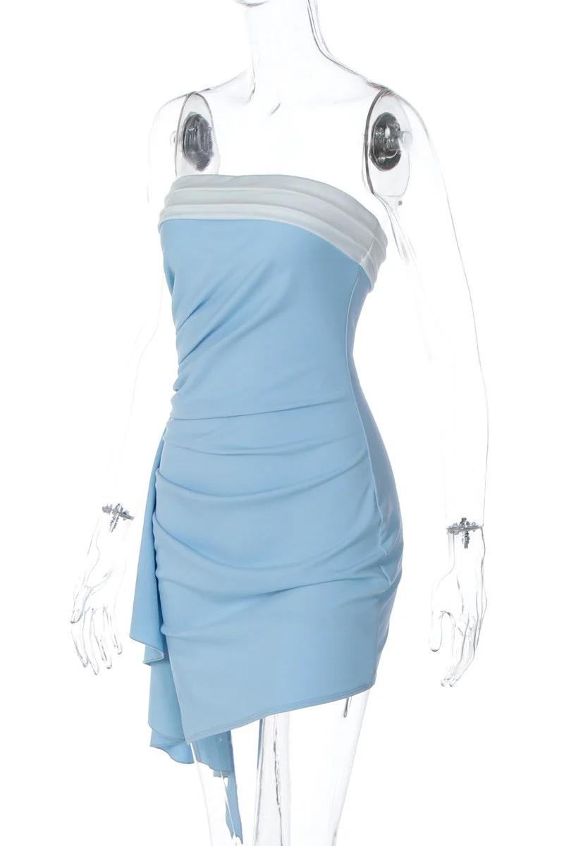 Blue Strapless Ruched Tight Mini Dress - Image 3