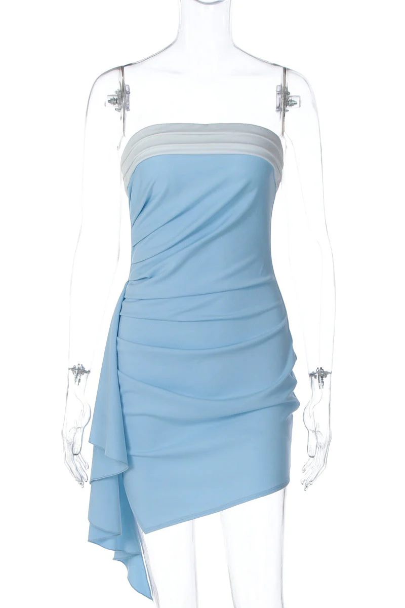 Blue Strapless Ruched Tight Mini Dress - Image 4