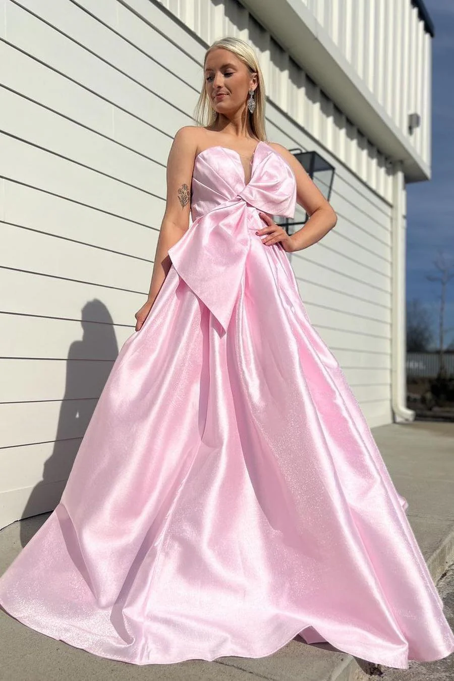 Strapless White A-line Long Formal Dress with Bow - Image 5