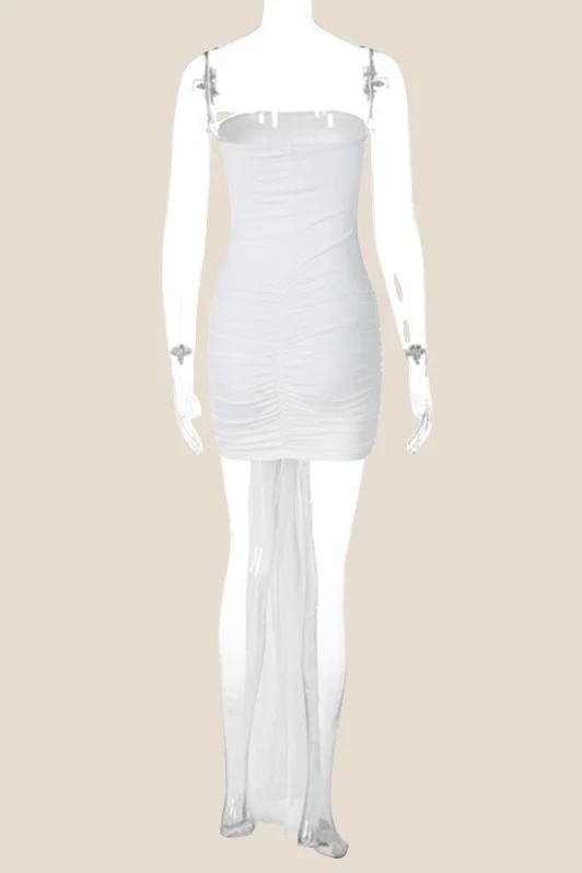 Strapless White Ruched Short Dress with Ribbon - Image 2