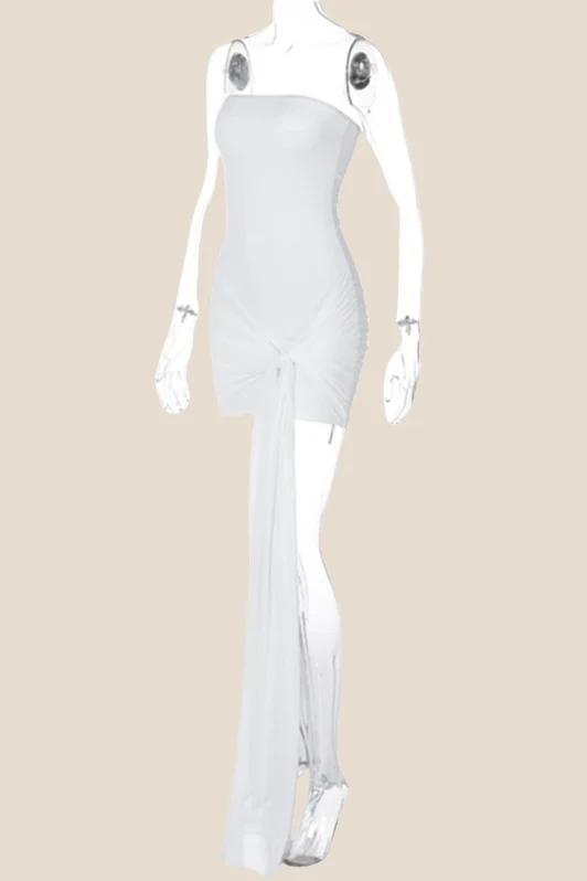 Strapless White Ruched Short Dress with Ribbon - Image 3