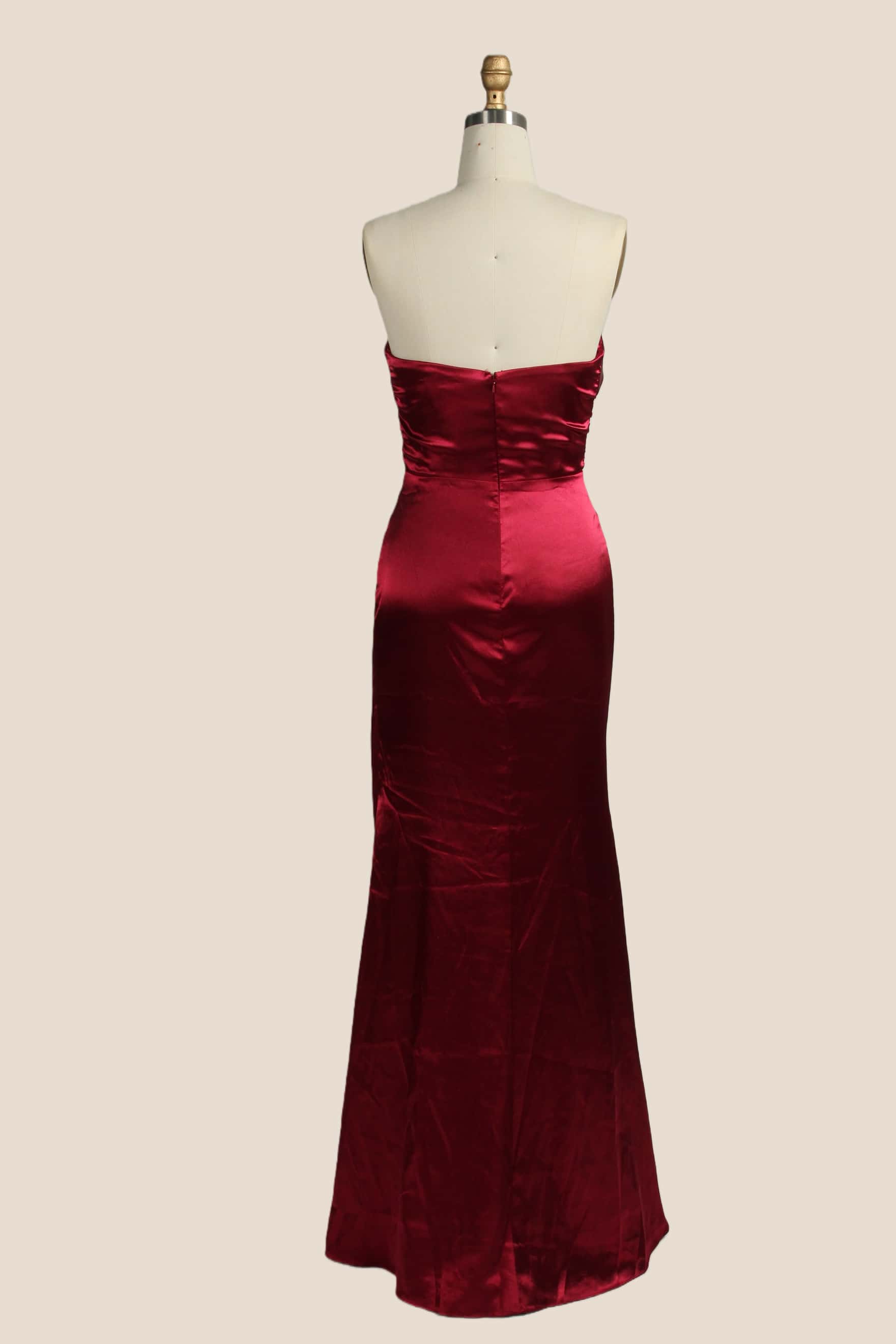 Strapless Wine Red Satin Ruched Fitted Dress - Image 2