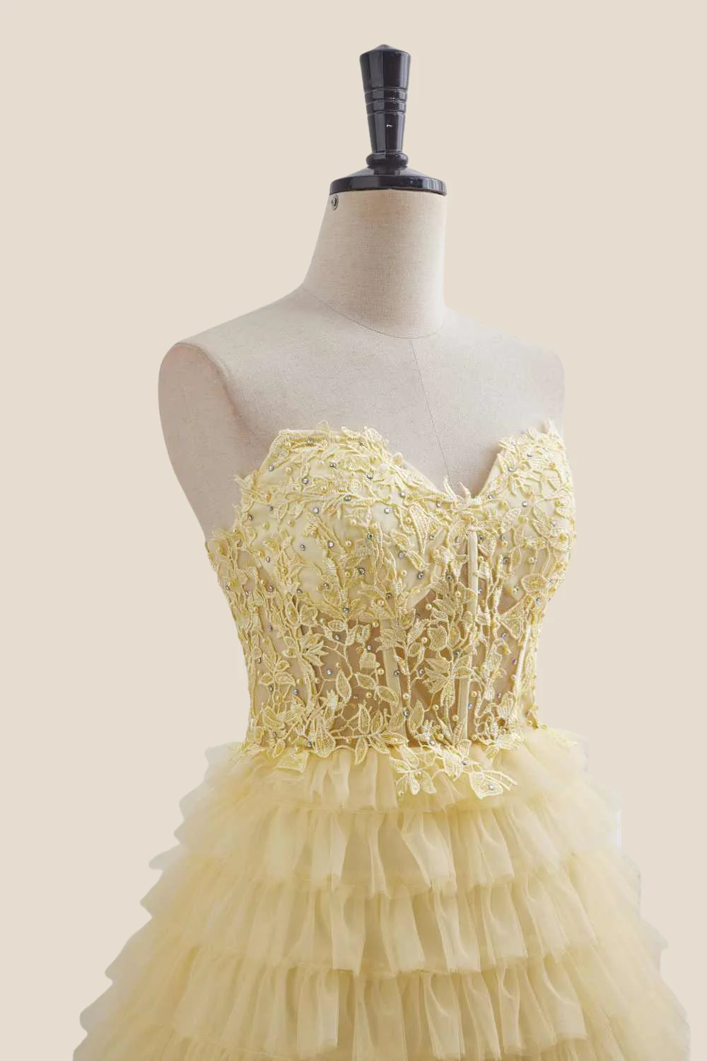 Strapless Yellow Appliques Tiered Short Dress - Image 10